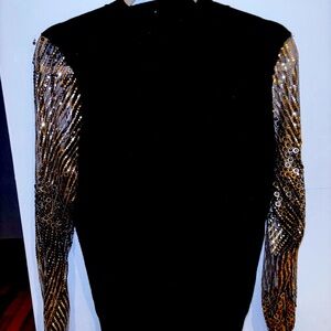 Tahari Black and Gold Cowl Neck Sweater with Patterned Sleeves